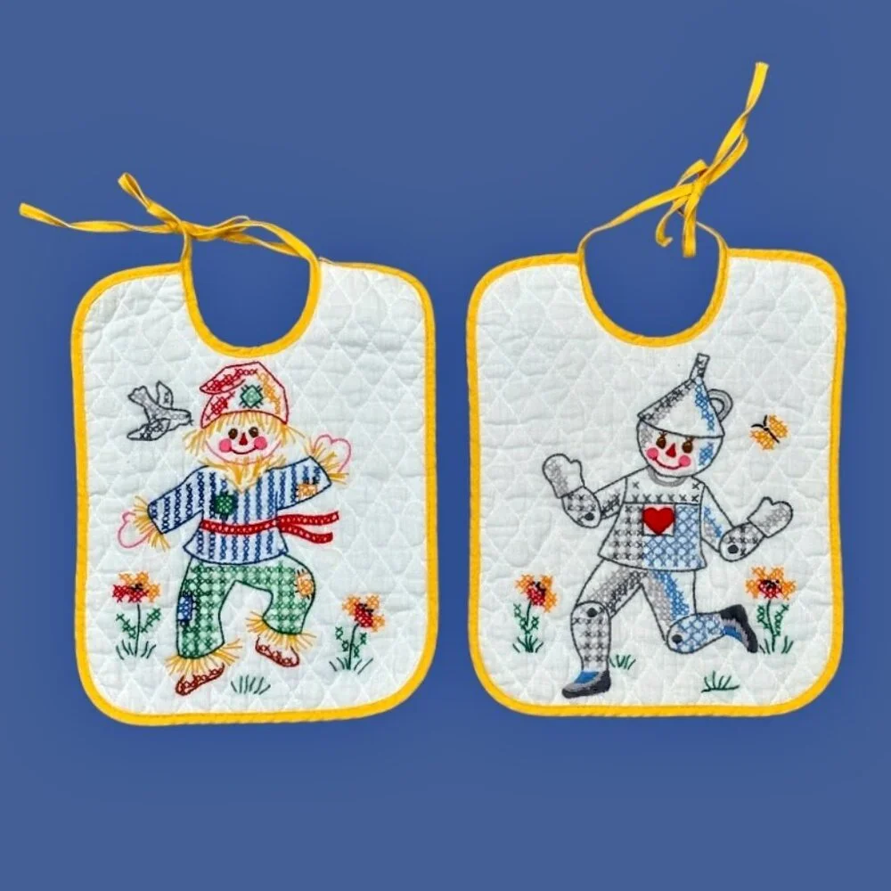 Vintage Handmade Embroidered Baby Bibs Wizard of Oz Scarecrow & Tin Man Primary